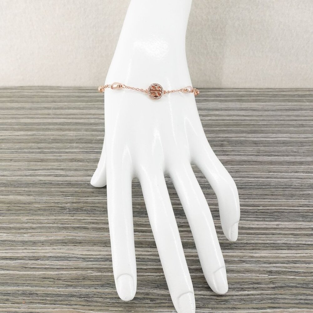 Tory Burch Miller Pave Logo Cultured Pearls Bracelet Rose Gold OS - Picture 5 of 12